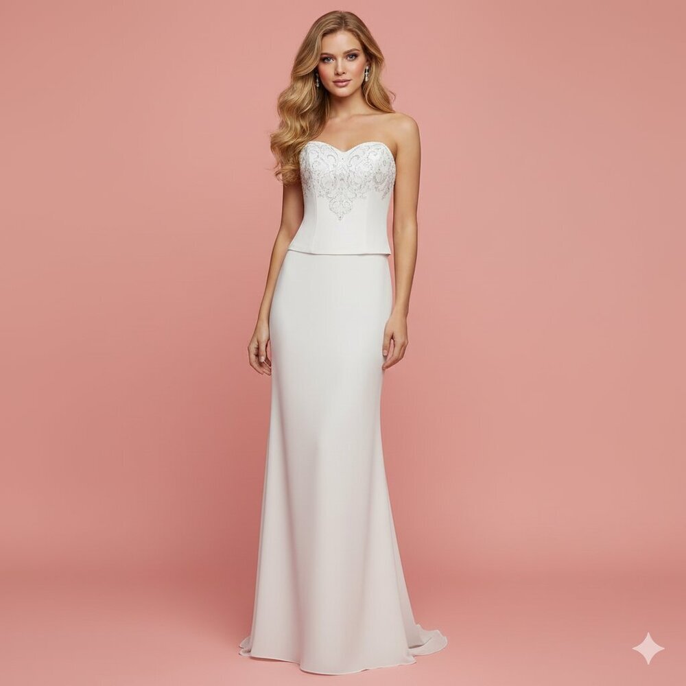 Bonny Bridal Elegant White Strapless Chiffon Wedding Dress NWT